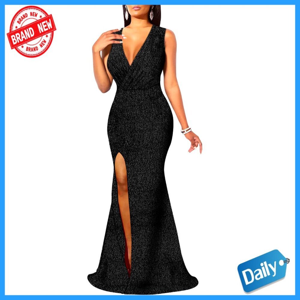 Sparkly Sequin Maxi Dress Formal Elegant V Neck High Slit Long Sleeve Gown